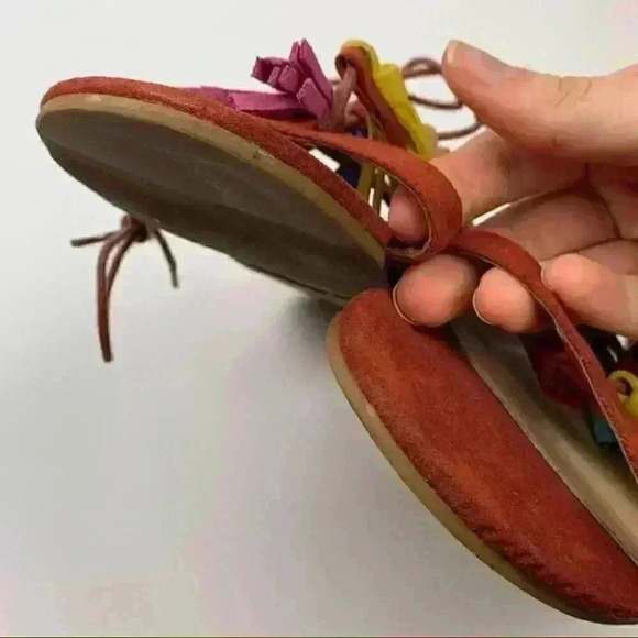 Forever 21 sandals size 8 39 burnt Orange faux suede tassel pom poms gladiator - Picture 10 of 13